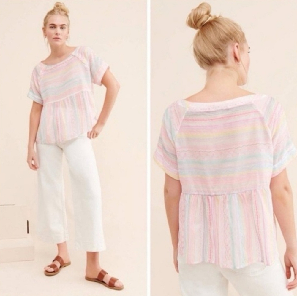 Anthropologie Lettie Embroidered Short Sleeve Peplum Crop Top Coastal White XS - Picture 8 of 8